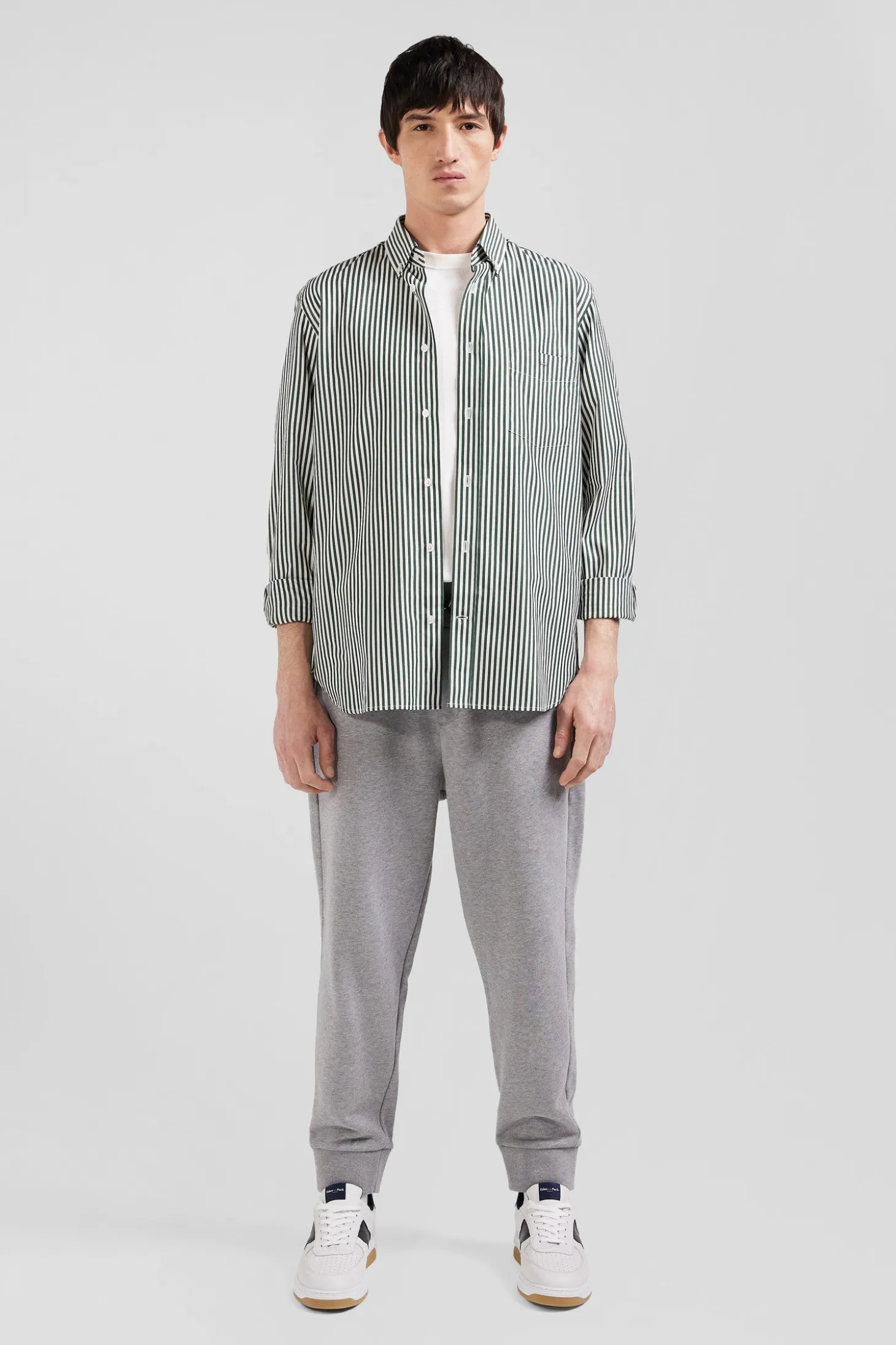 Chemise en popeline de coton rayée verte coupe Regular