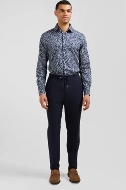 Chemise en popeline de coton grise microimprimé fleurs coupe Slim