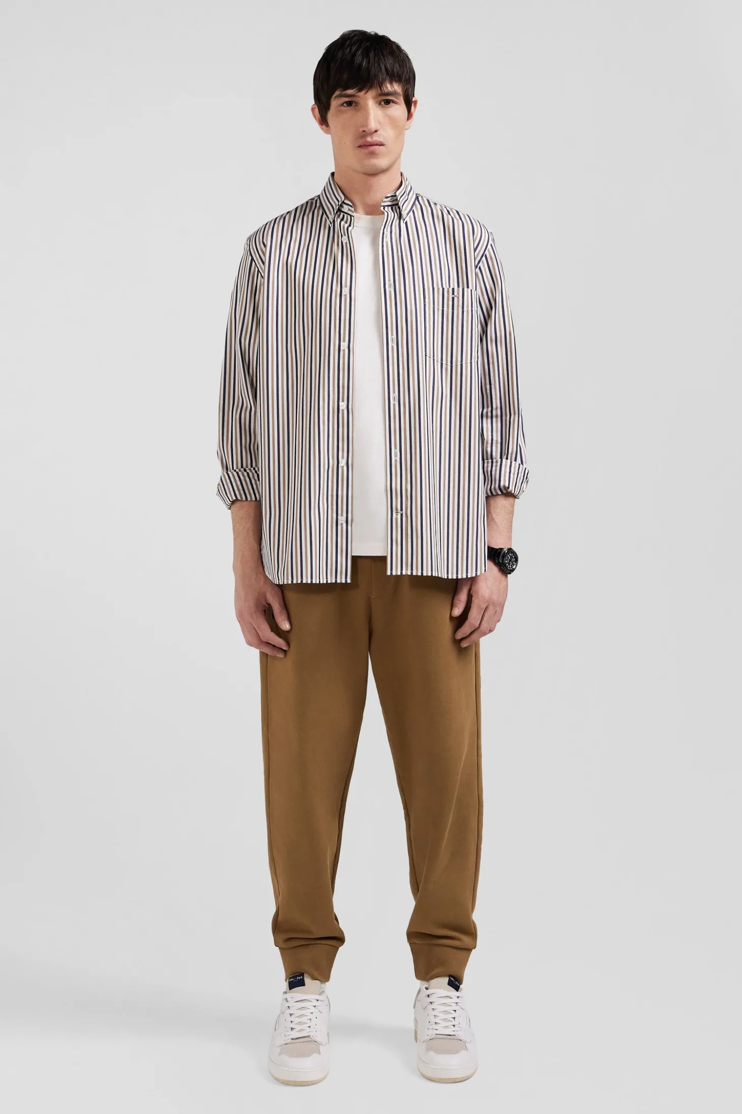 Chemise en popeline de coton rayée grège coupe Regular