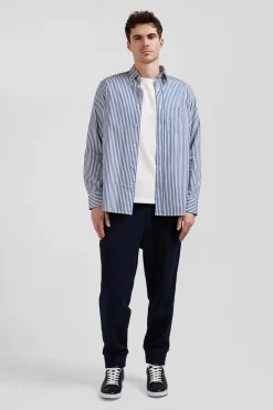 Chemise en popeline de coton rayée bleue coupe Regular