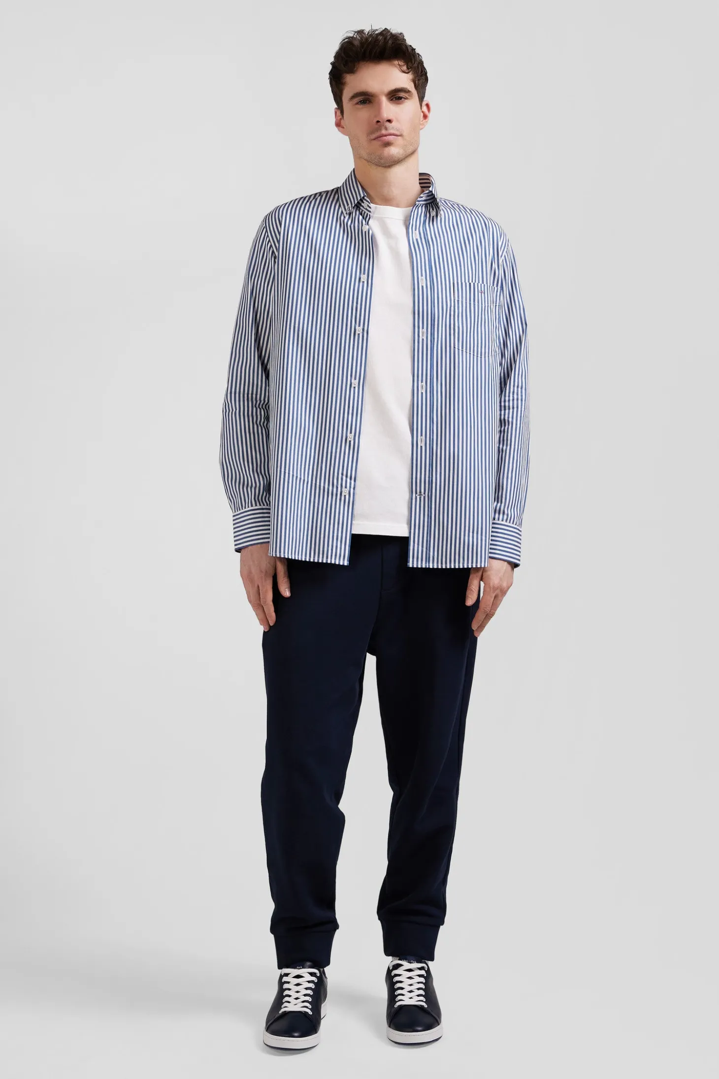 Chemise en popeline de coton rayée bleue coupe Regular