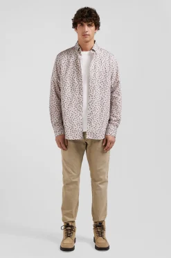 Chemise en popeline de coton beige à microimprimé coupe Regular