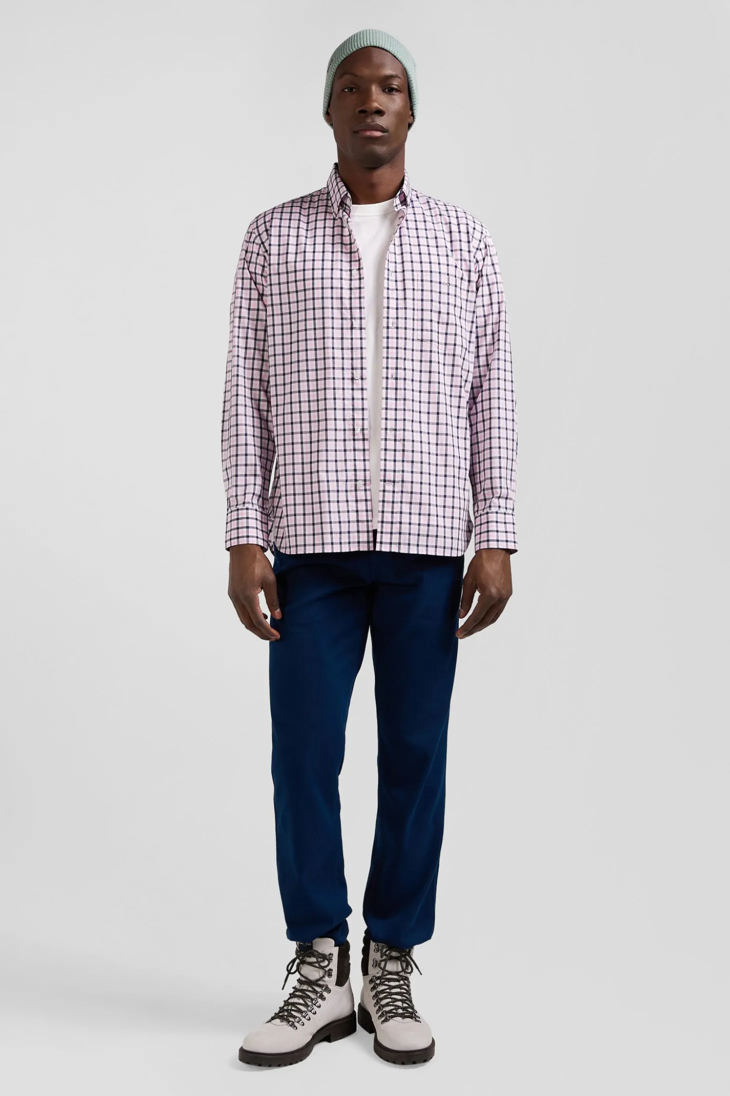 Chemise en popeline de coton rose à carreaux bicolore coupe Regular
