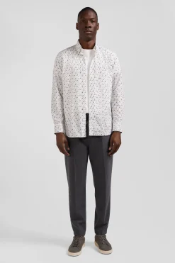Chemise en popeline de coton écrue à microimprimé fleurs coupe Regular