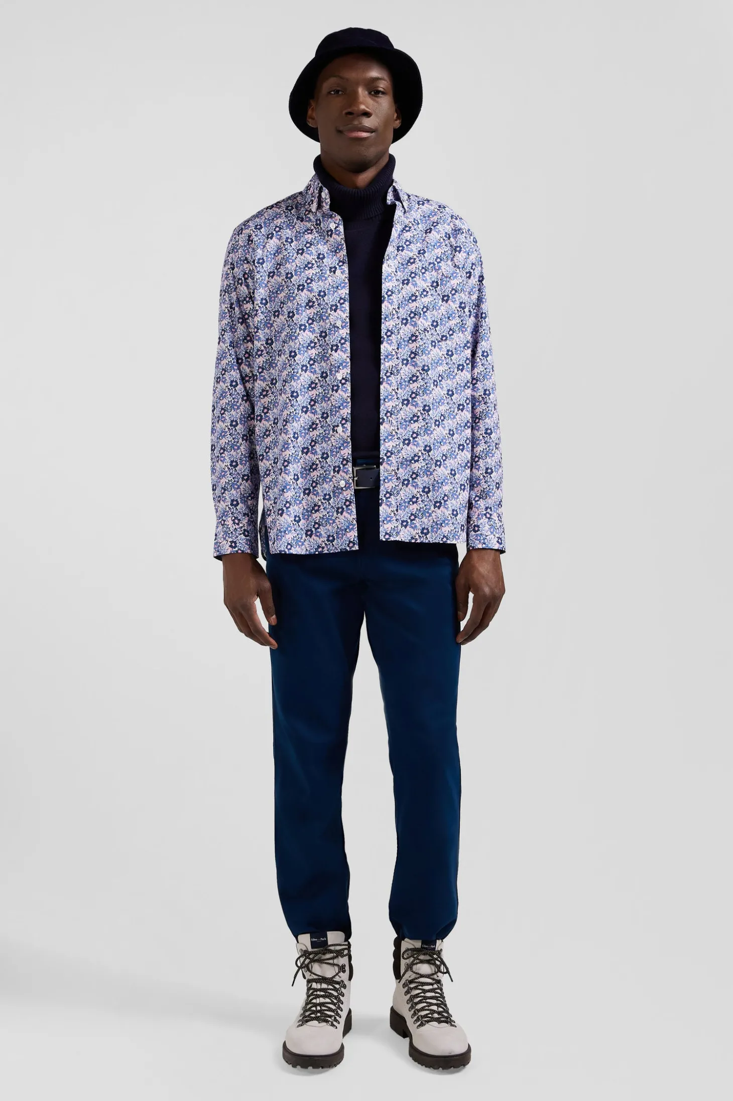 Chemise en popeline de coton bleue imprimé floral coupe Regular