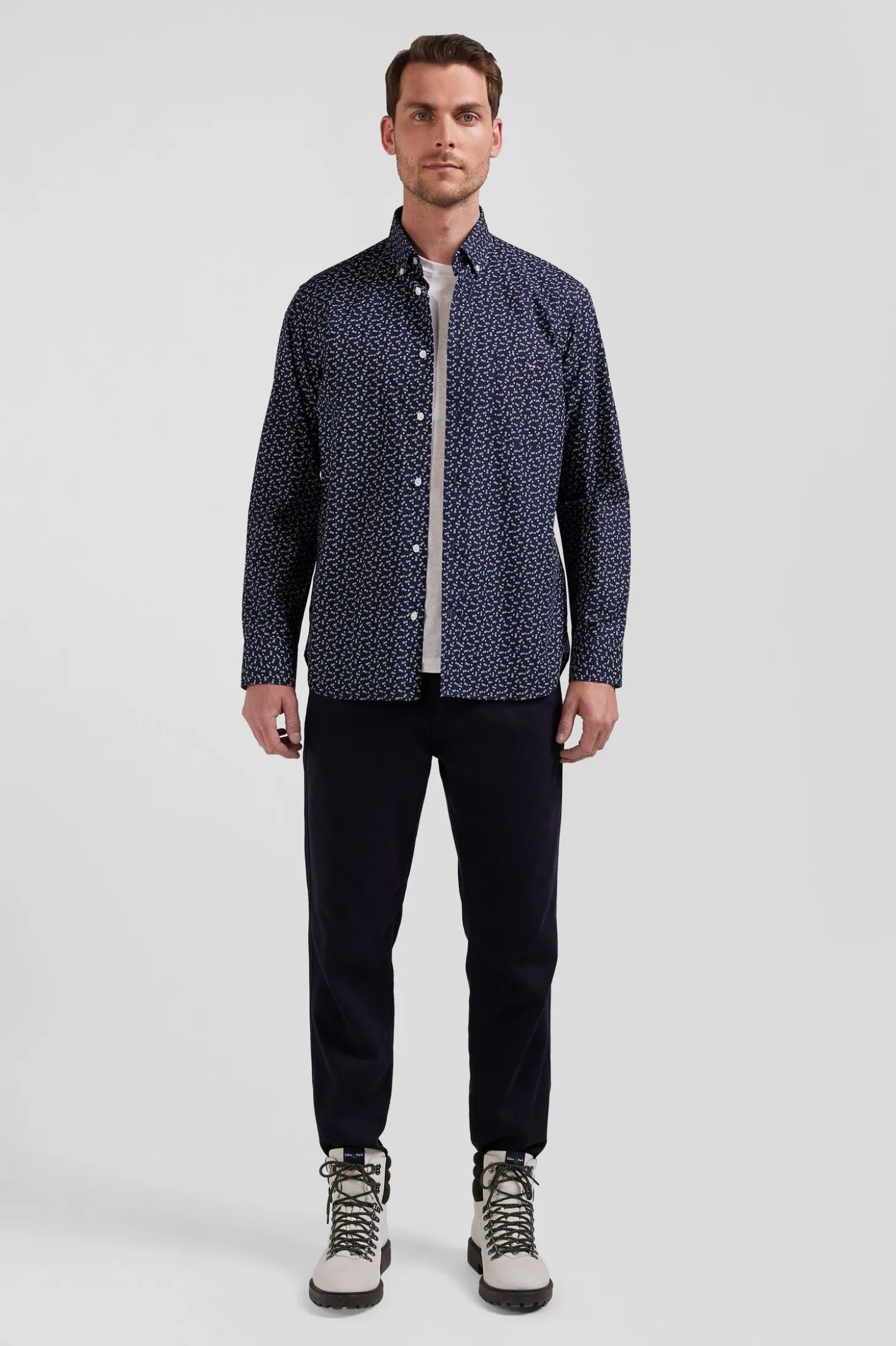 Chemise en popeline de coton bleu marine microimprimé nœud papillon coupe Regular