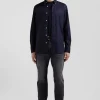 Chemise en popeline de coton bleu marine col boutonné et coudières imprimées coupe Regular