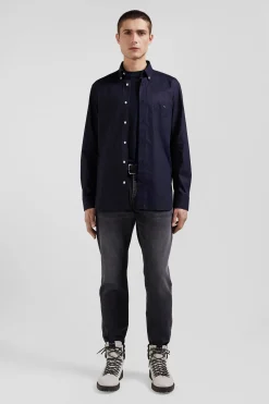Chemise en popeline de coton bleu marine col boutonné et coudières imprimées coupe Regular