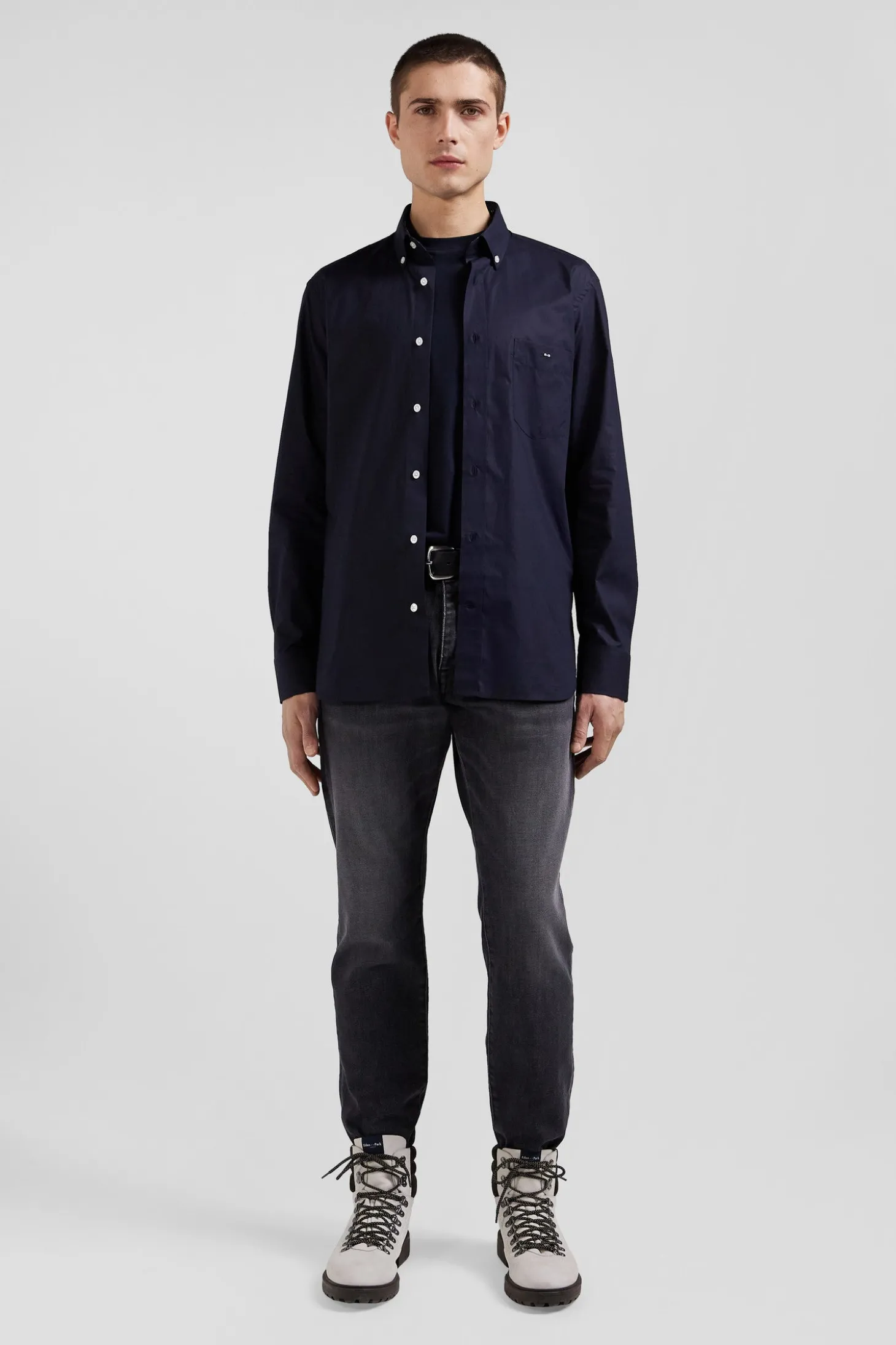Chemise en popeline de coton bleu marine col boutonné et coudières imprimées coupe Regular
