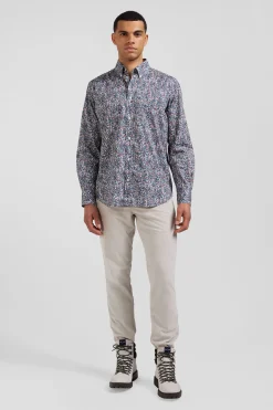 Chemise en popeline de coton bleue à imprimé floral coupe Regular