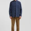 Chemise en popeline de coton bleu marine microimprimé floral coupe Regular
