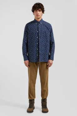 Chemise en popeline de coton bleu marine microimprimé floral coupe Regular