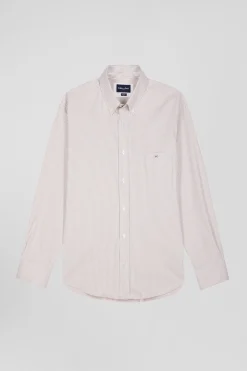 Chemise en popeline de coton beige à rayures bâton coupe Regular