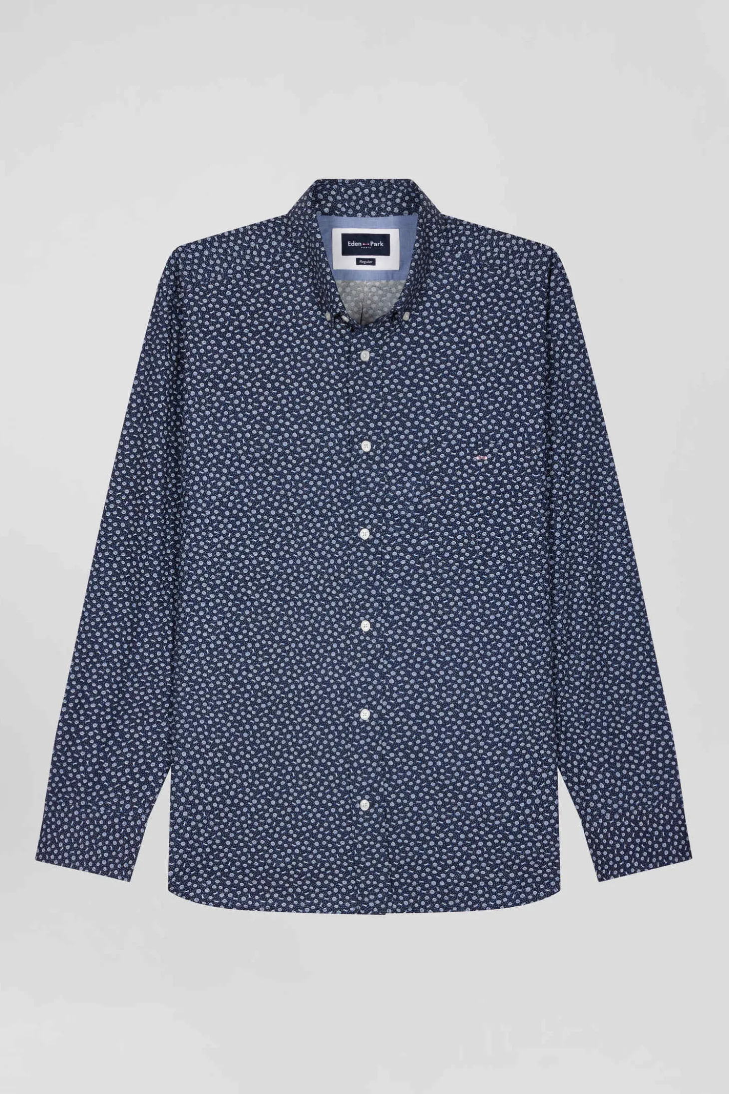 Chemise en popeline de coton bleu marine à microimprimé floral coupe Regular