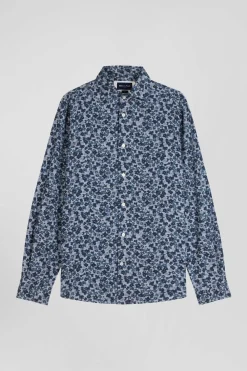 Chemise en popeline de coton grise microimprimé fleurs coupe Slim