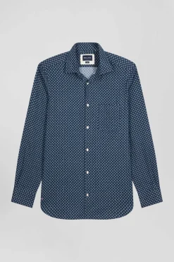Chemise en popeline de coton indigo imprimé graphique coupe Slim