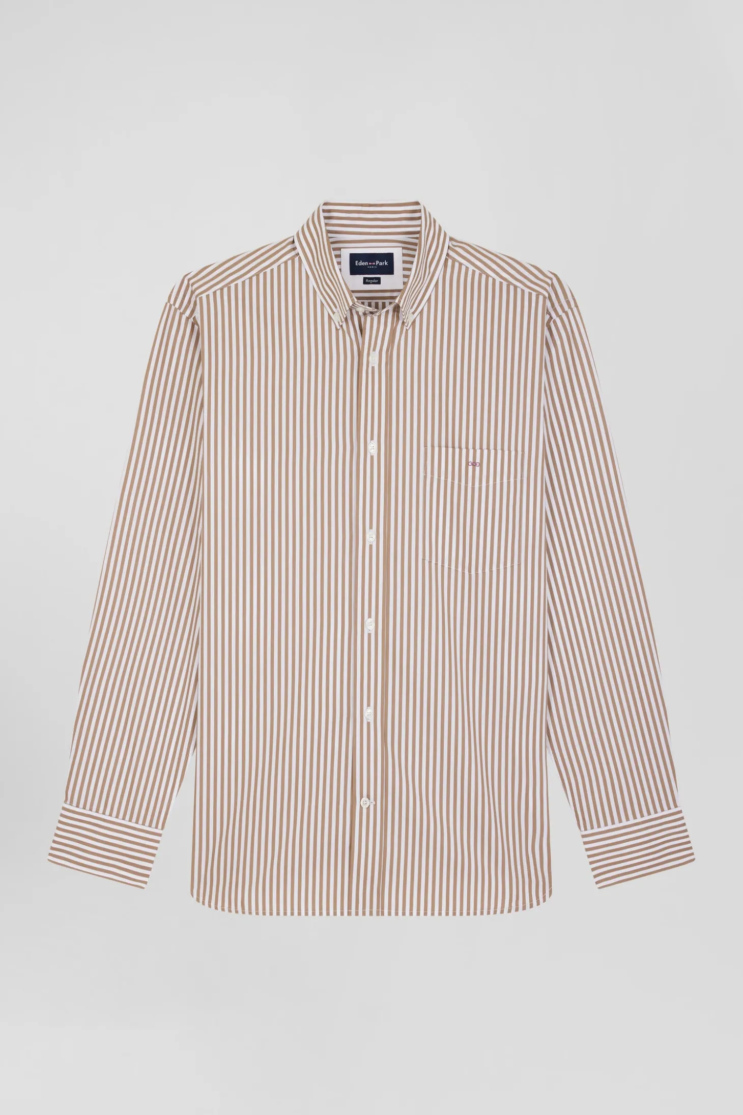 Chemise en popeline de coton rayée marron coupe Regular