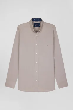 Chemise en popeline de coton grise col boutonné et coudières imprimées coupe Regular