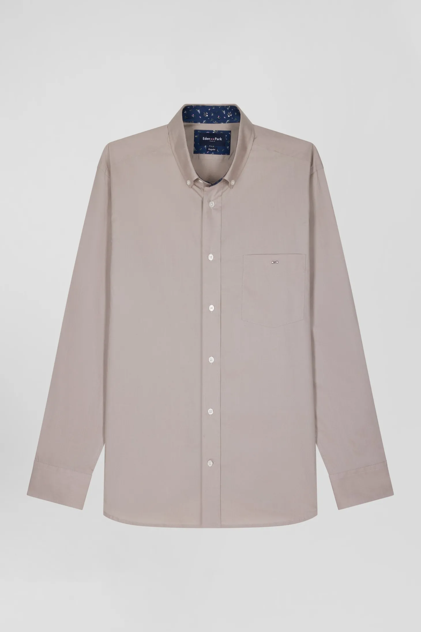 Chemise en popeline de coton grise col boutonné et coudières imprimées coupe Regular