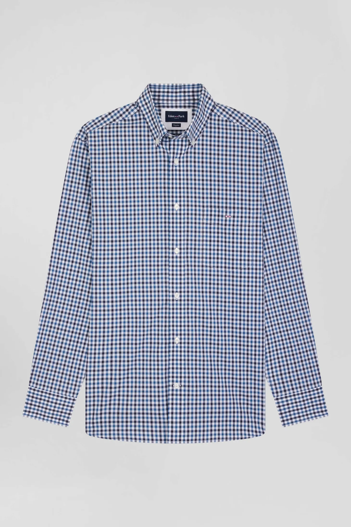Chemise en popeline de coton bleu marine à carreaux bicolore coupe Regular