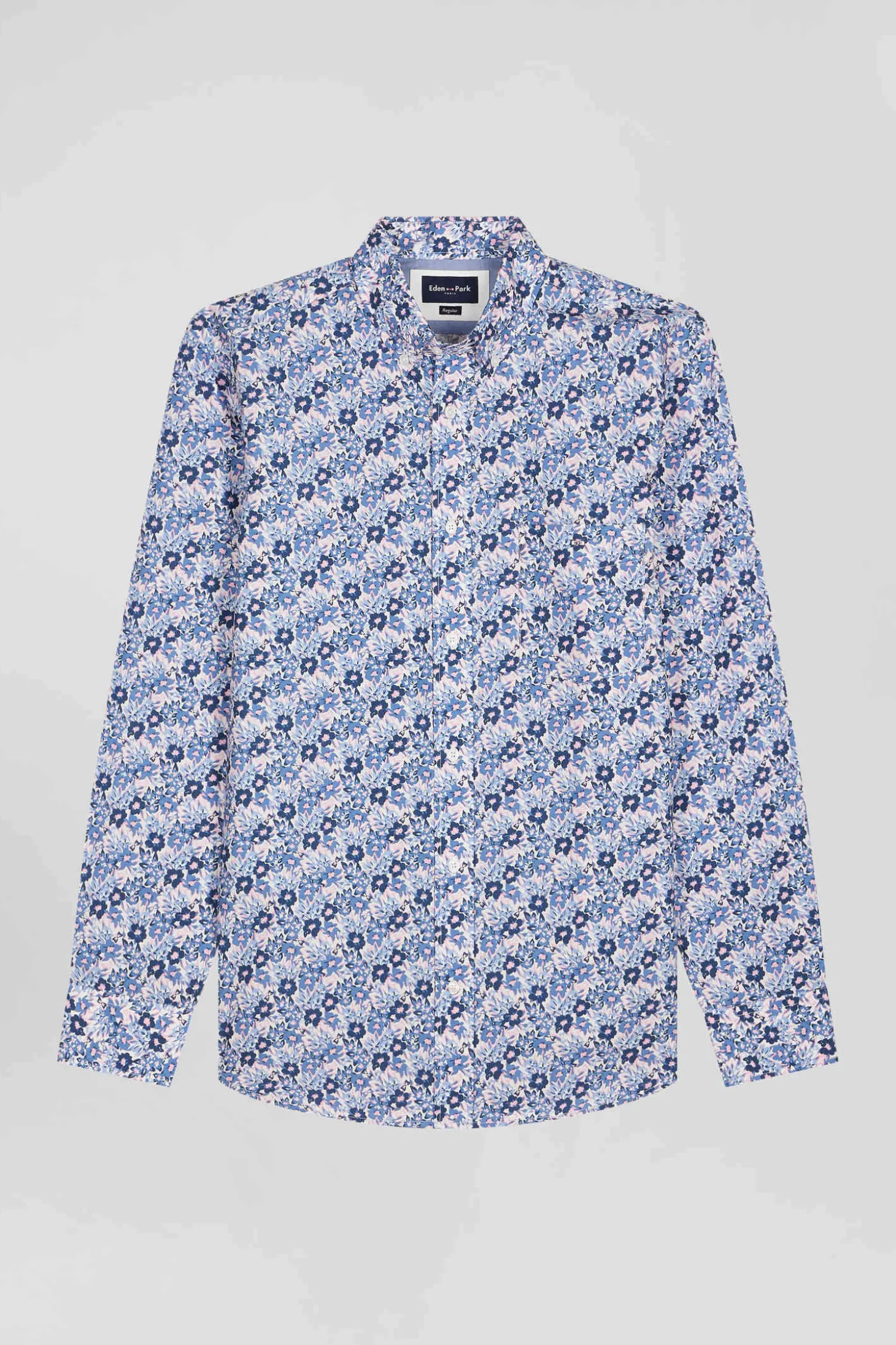 Chemise en popeline de coton bleue imprimé floral coupe Regular