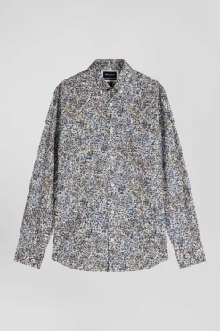 Chemise en popeline de coton écrue microimprimé floral coupe Regular