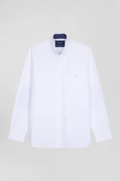 Chemise en popeline de coton blanche col boutonné et coudières imprimées coupe Regular