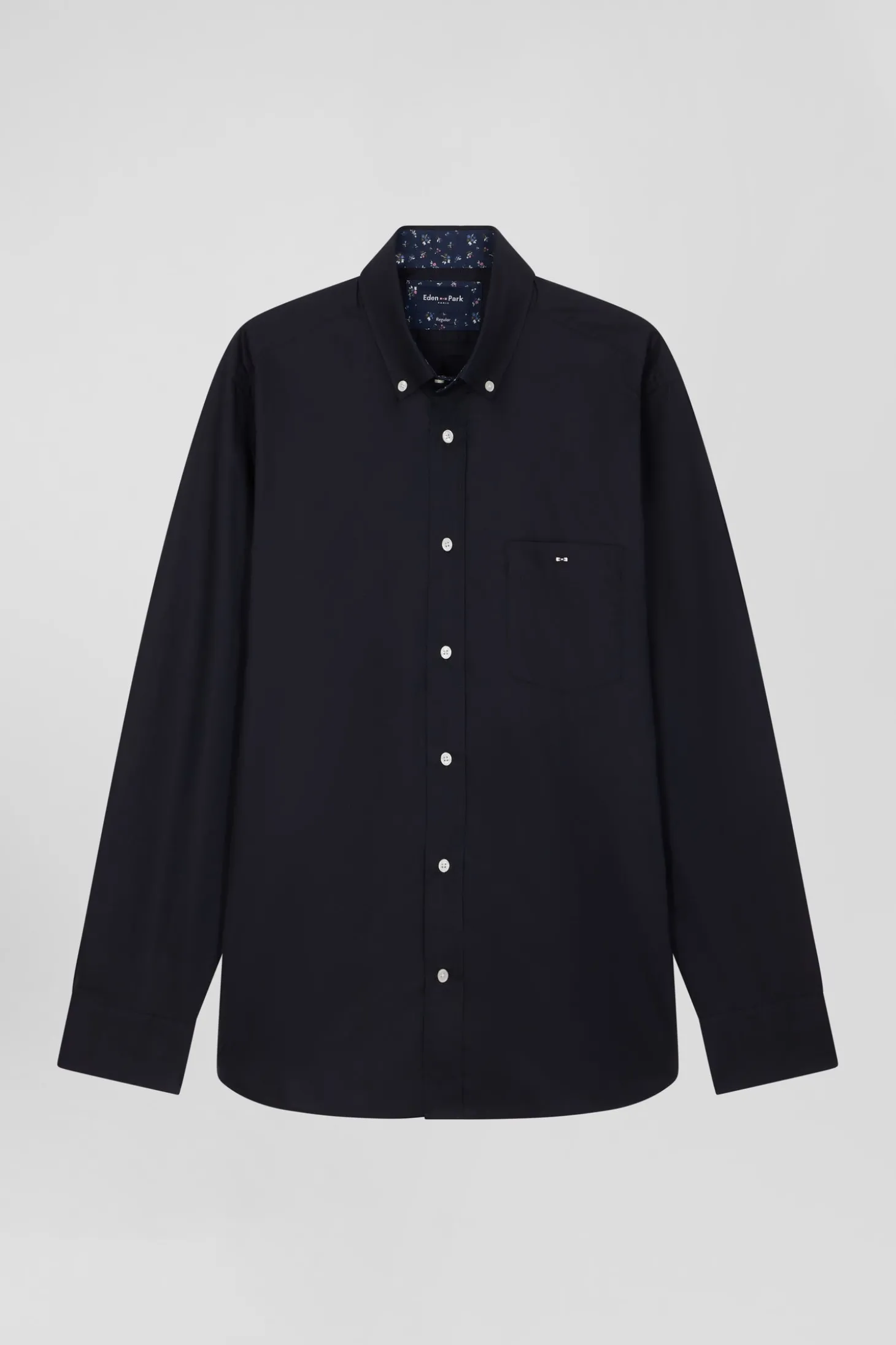 Chemise en popeline de coton bleu marine col boutonné et coudières imprimées coupe Regular