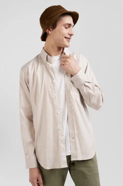 Chemise en popeline de coton beige à rayures bâton coupe Regular