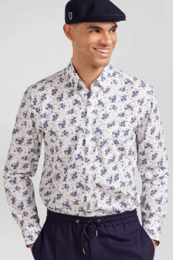 Chemise en popeline de coton écrue imprimé floral marine coupe Regular