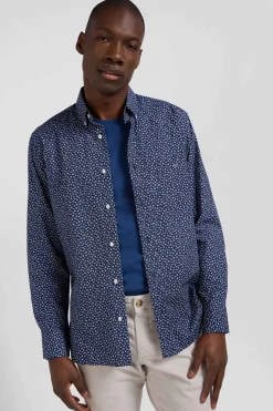 Chemise en popeline de coton bleu marine à microimprimé floral coupe Regular