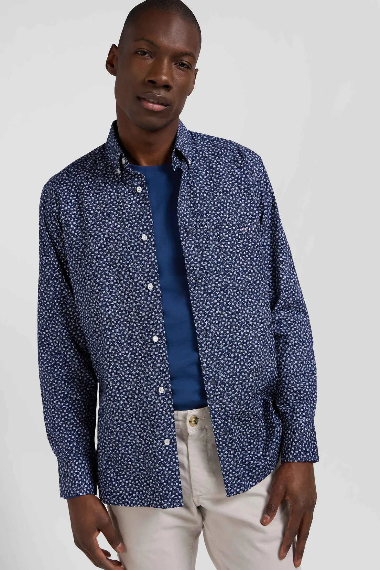 Chemise en popeline de coton bleu marine à microimprimé floral coupe Regular