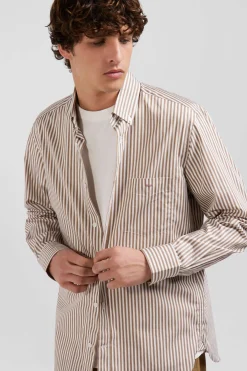 Chemise en popeline de coton rayée marron coupe Regular