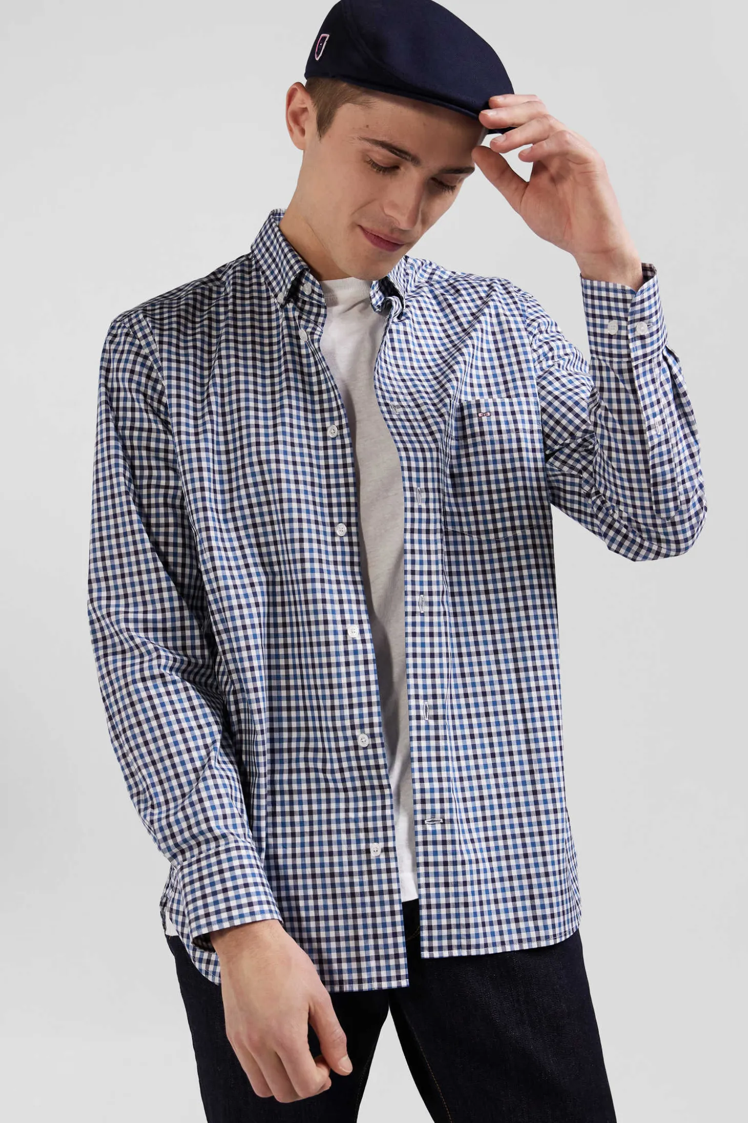Chemise en popeline de coton bleu marine à carreaux bicolore coupe Regular
