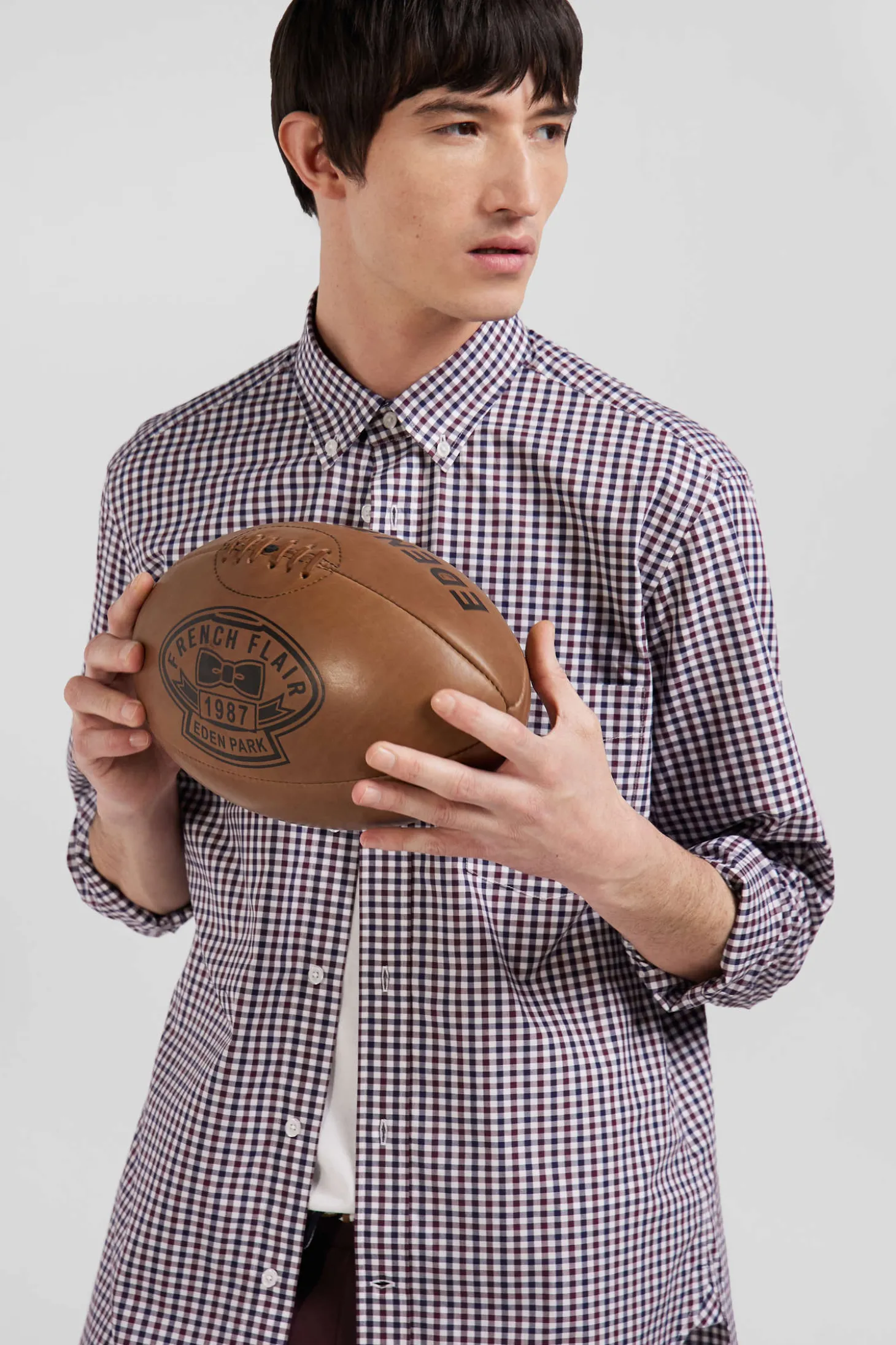 Chemise en popeline de coton bordeaux à carreaux bicolore coupe Regular