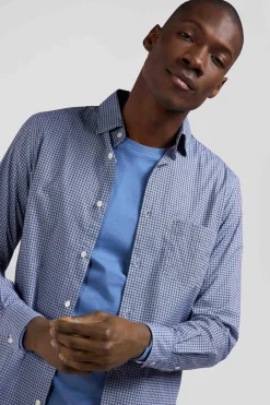 Chemise en popeline de coton bleu imprimé graphique coupe Slim