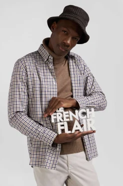 Chemise en popeline de coton marron à carreaux bicolore coupe Regular