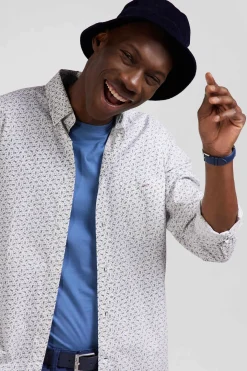 Chemise en popeline de coton écrue microimprimé nœud papillon coupe Regular