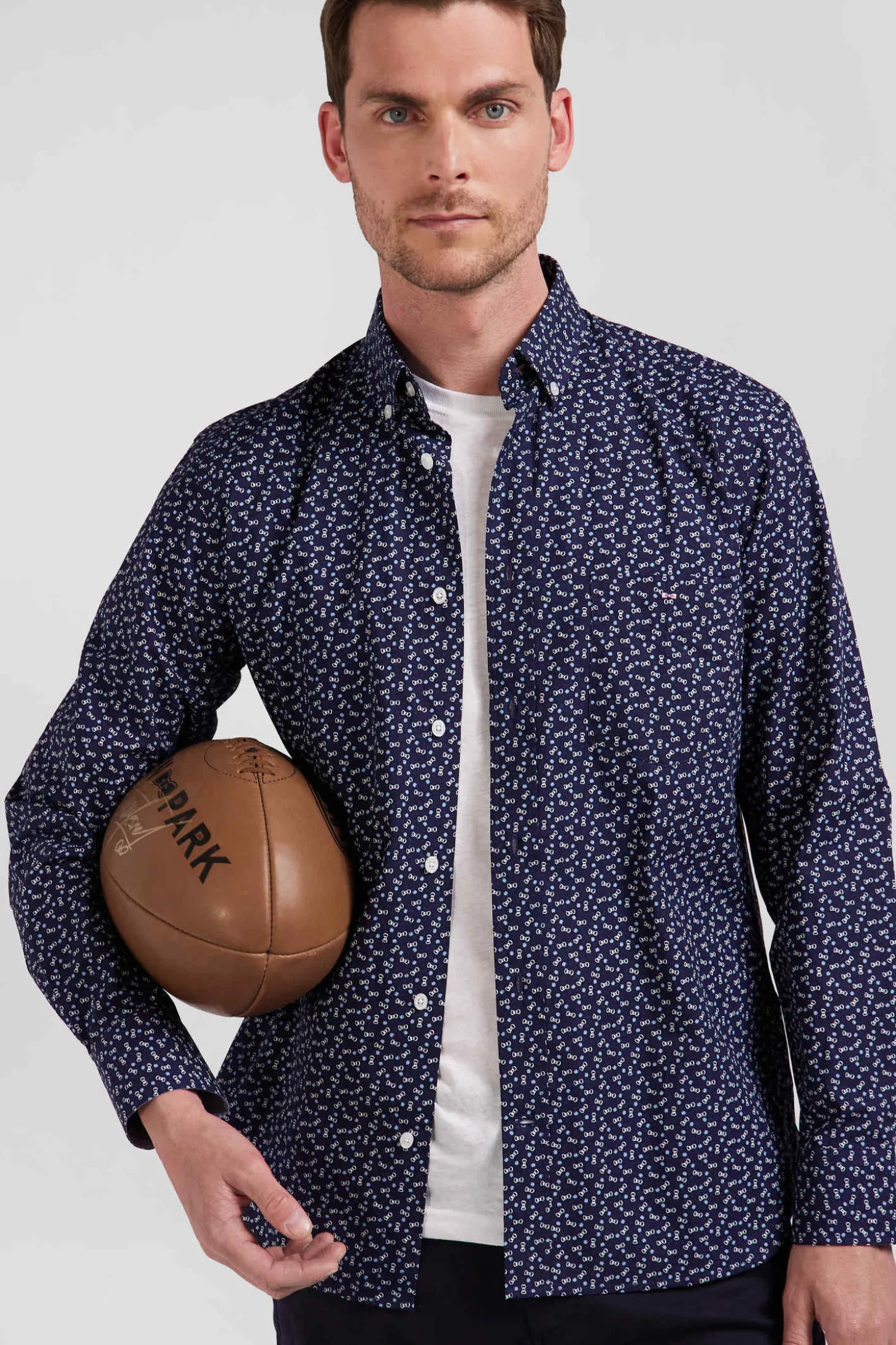Chemise en popeline de coton bleu marine microimprimé nœud papillon coupe Regular