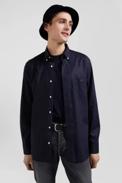 Chemise en popeline de coton bleu marine col boutonné et coudières imprimées coupe Regular