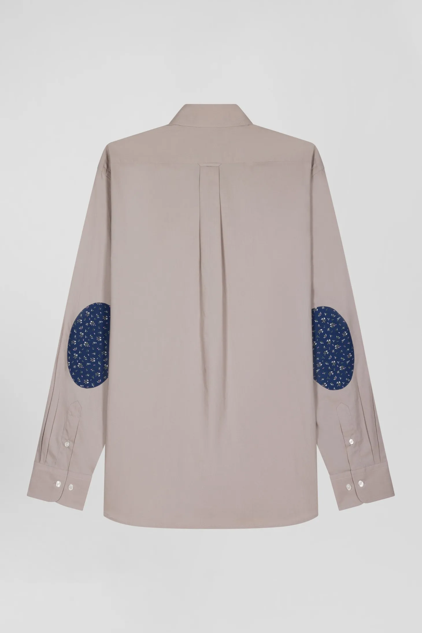 Chemise en popeline de coton grise col boutonné et coudières imprimées coupe Regular