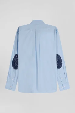 Chemise en popeline de coton ciel col boutonné et coudières imprimées coupe Regular