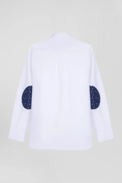 Chemise en popeline de coton blanche col boutonné et coudières imprimées coupe Regular