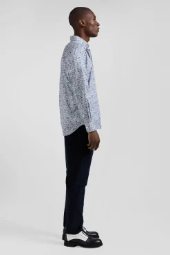 Chemise en popeline de coton ciel microimprimé floral coupe Regular