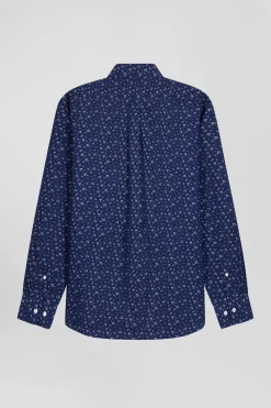 Chemise en popeline de coton bleu marine à microimprimé fleurs coupe Regular