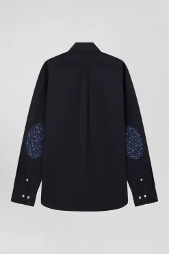 Chemise en popeline de coton bleu marine col boutonné et coudières imprimées coupe Regular