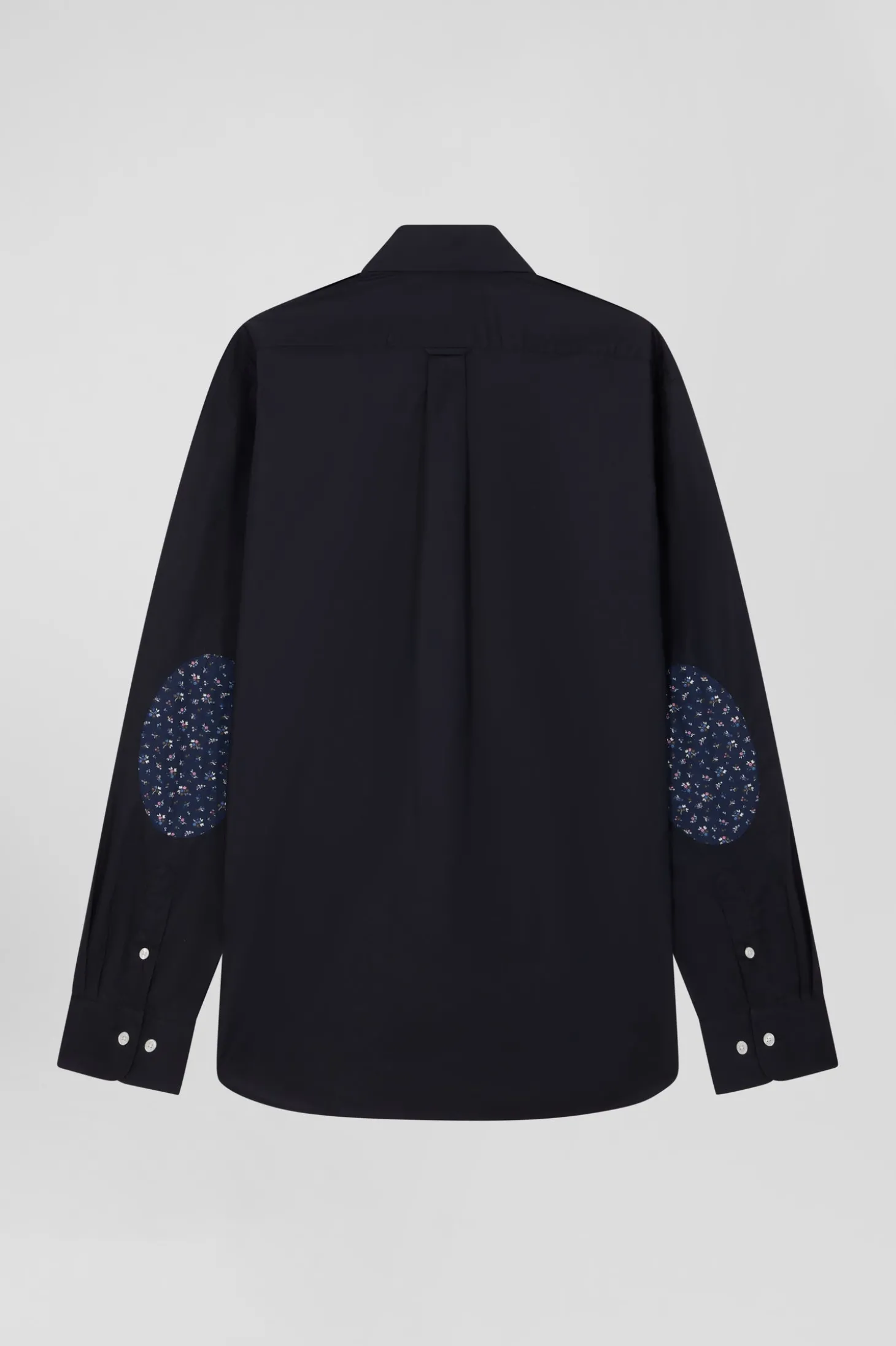 Chemise en popeline de coton bleu marine col boutonné et coudières imprimées coupe Regular