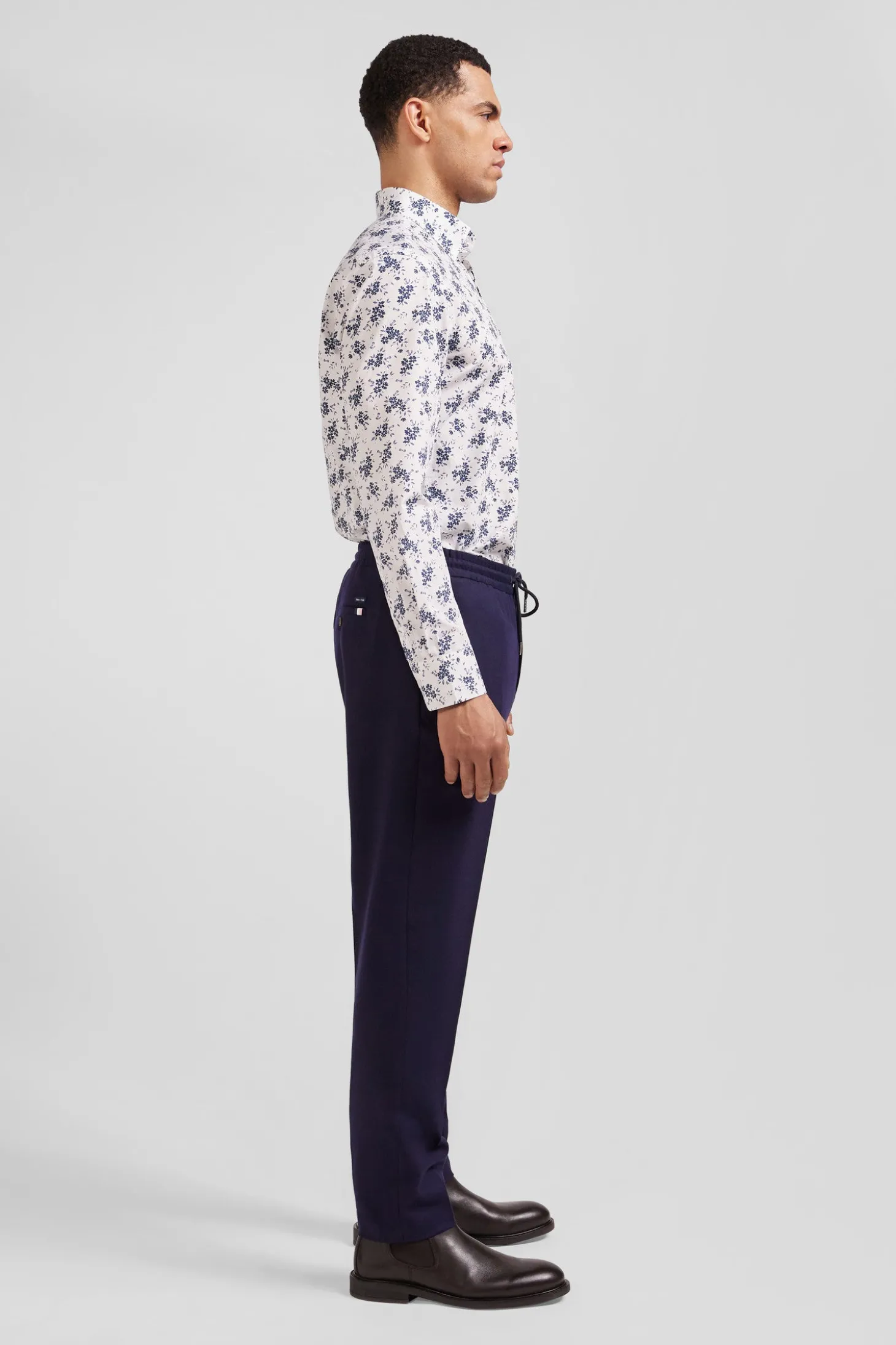 Chemise en popeline de coton écrue imprimé floral marine coupe Regular
