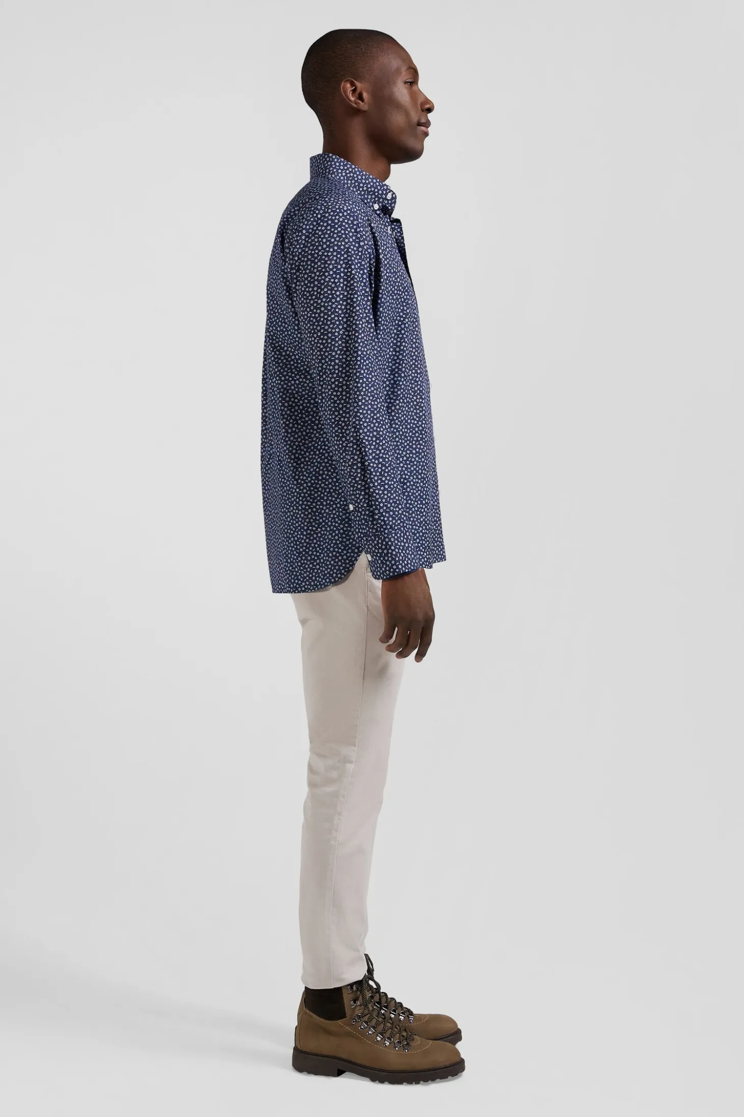 Chemise en popeline de coton bleu marine à microimprimé floral coupe Regular