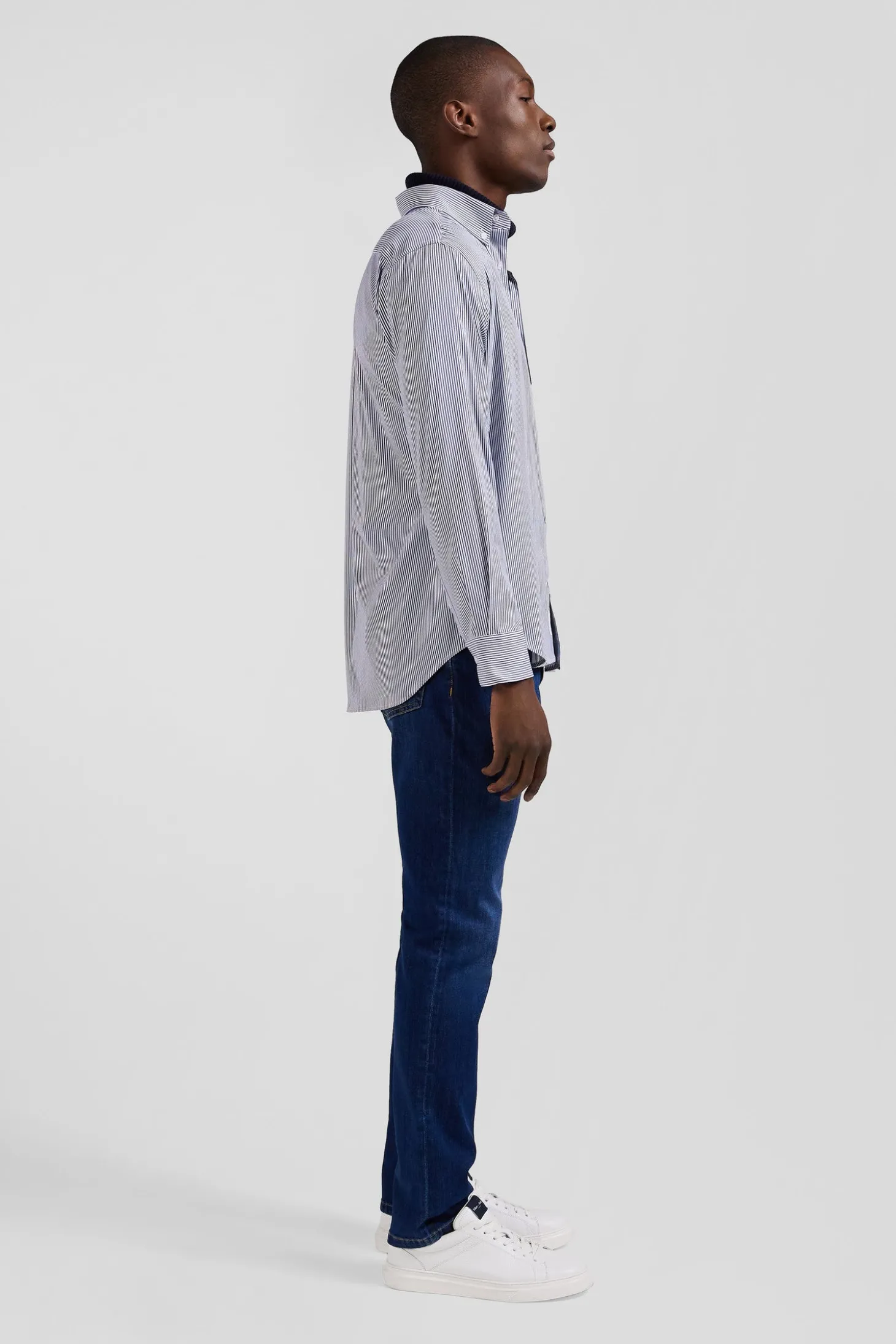 Chemise en popeline de coton bleu marine à rayures bâton coupe Regular